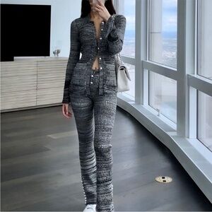 Le Ore SET Remini Collar Button Down Top and Flare Pants Knot in Marled Purple